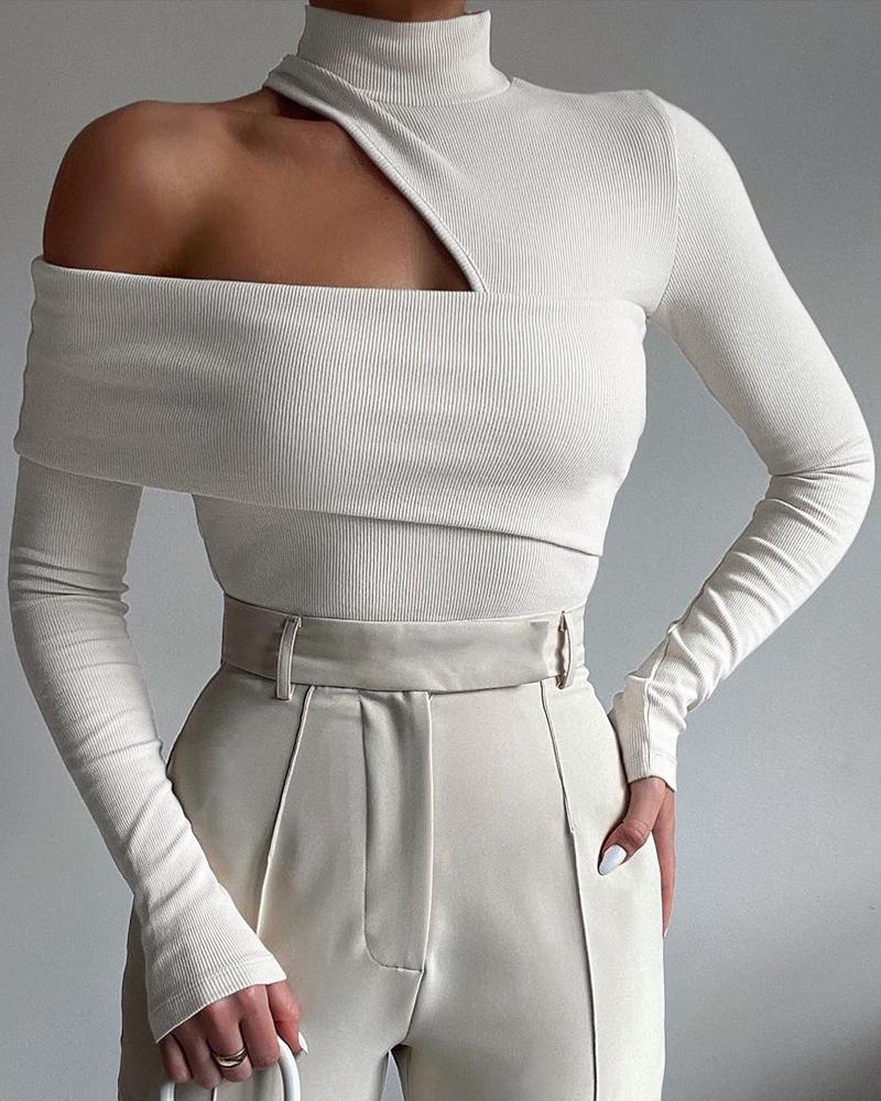 

Plain High Neck Cutout Long Sleeve Skinny Top Chic Daily Shirt, Beige