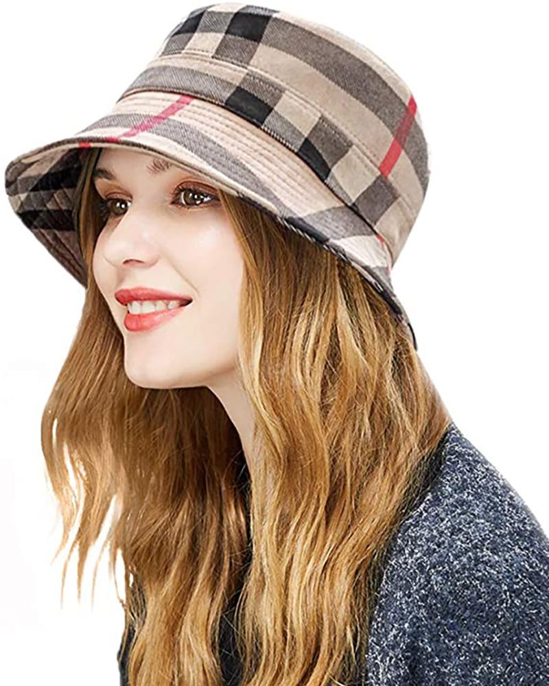 

Velvet Plaid Print Bucket Hat, Nude