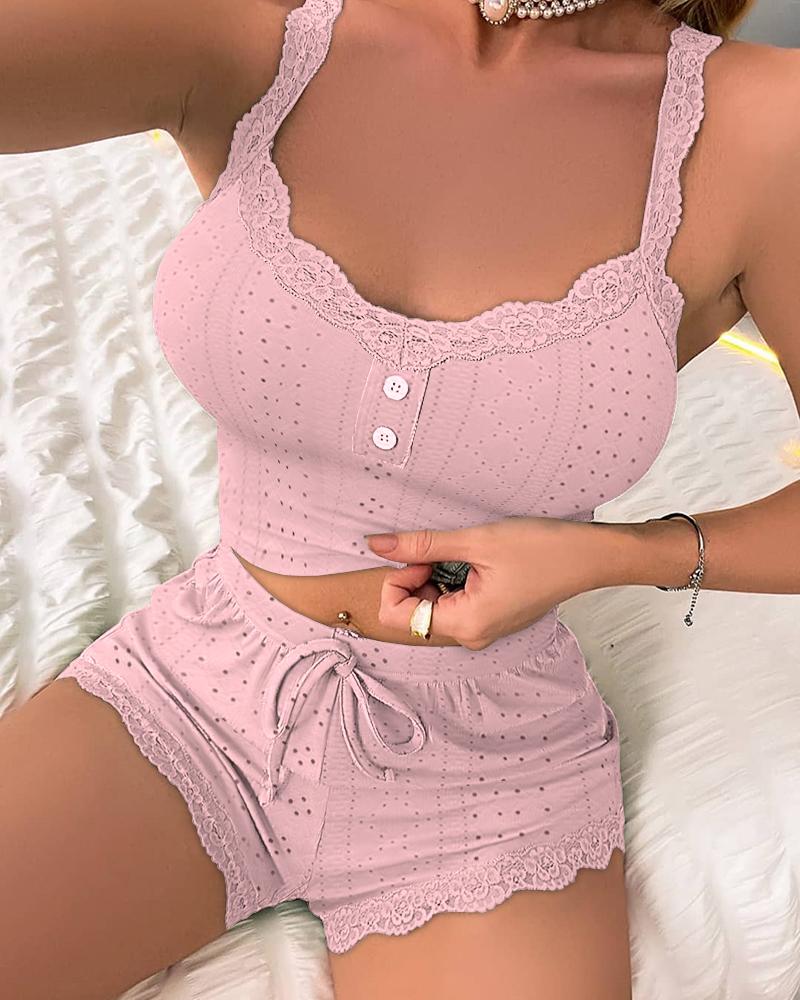 

Eyelet Embroidery Lace Trim Drawstring Cami Set, Pink