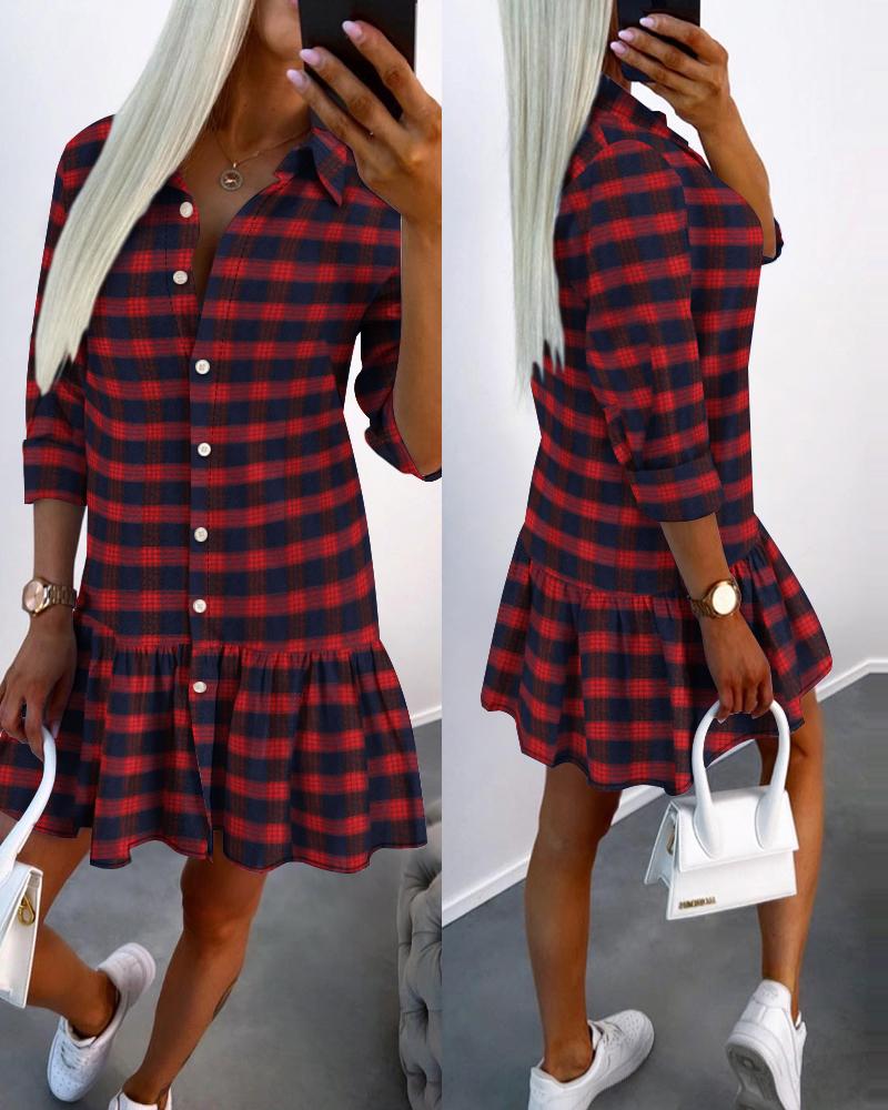 Plaid Print Ruffle Hem Shirt Dress