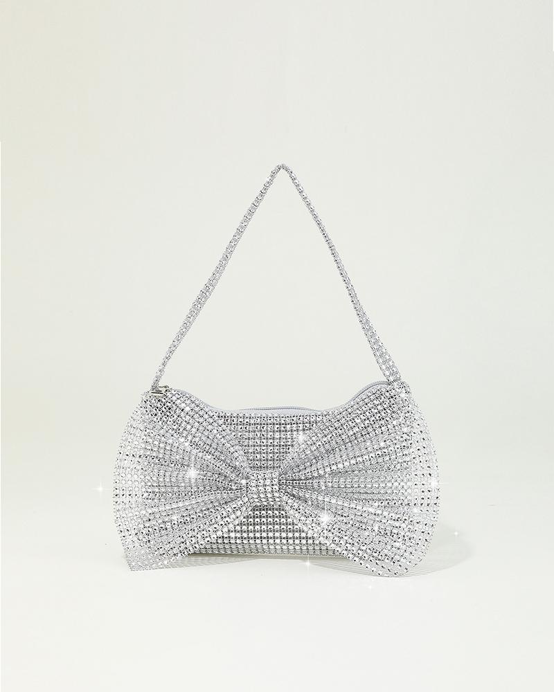 

Rhinestone Bowknot Design Handbag, Silver