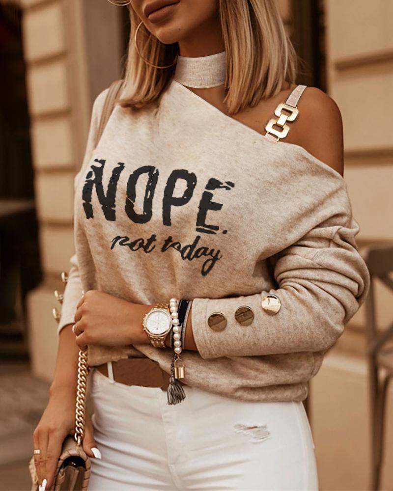 

Letter Print Chain Strap Cold Shoulder Top, Khaki