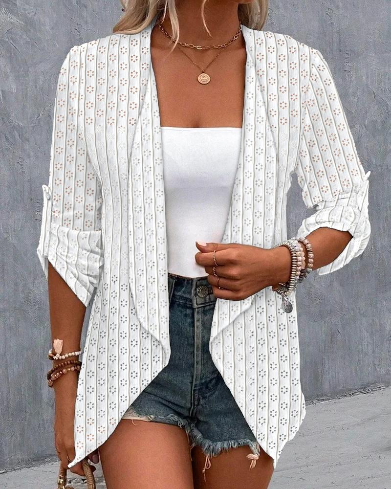 

Eyelet Embroidery Buttoned Roll Up Sleeve Open Front Coat, White