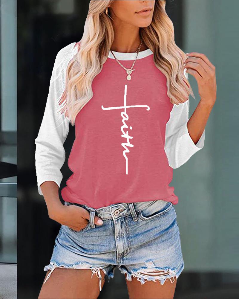 

Letter Print Raglan Sleeve Casual Top, Pink