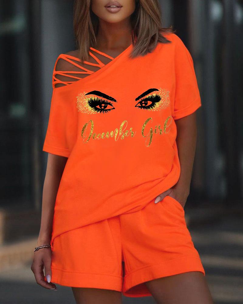 

Figure Letter Print Cold Shoulder Top & Shorts Set, Orange