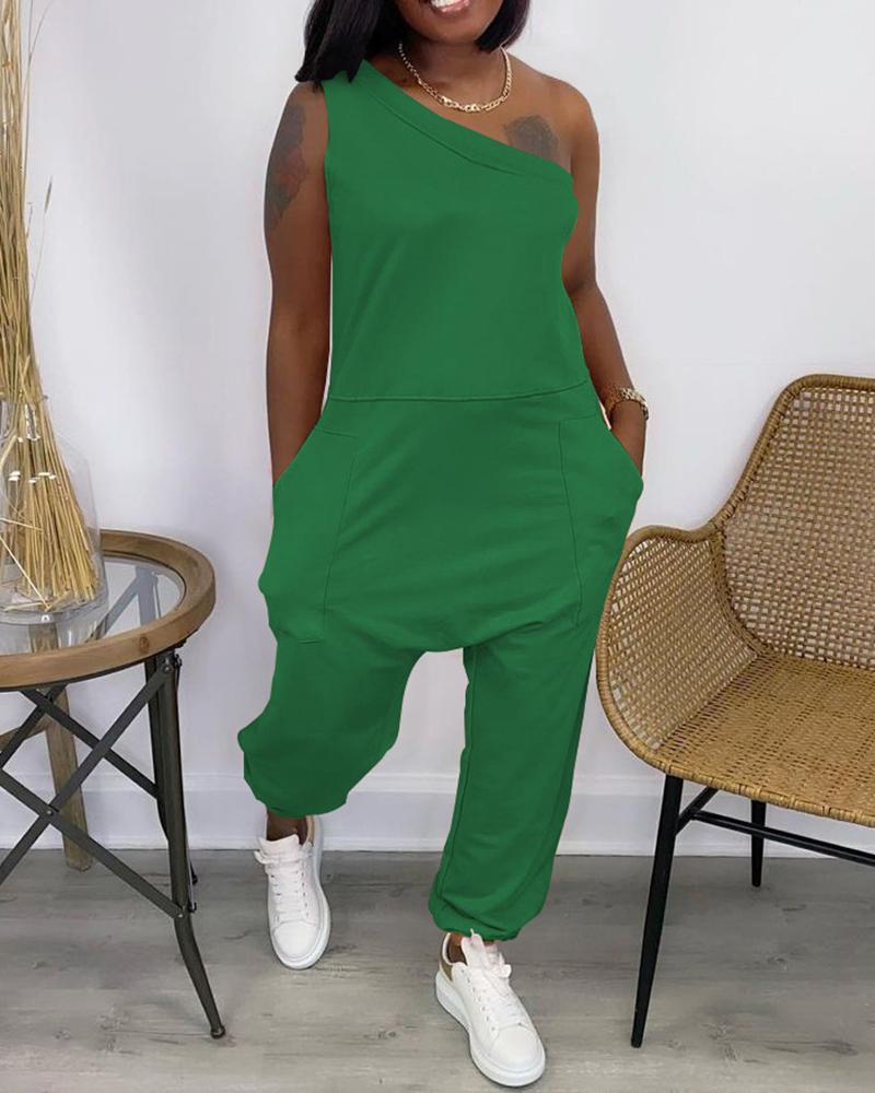 

One Shoulder Pocket Design Casual Jumpsuit, Green