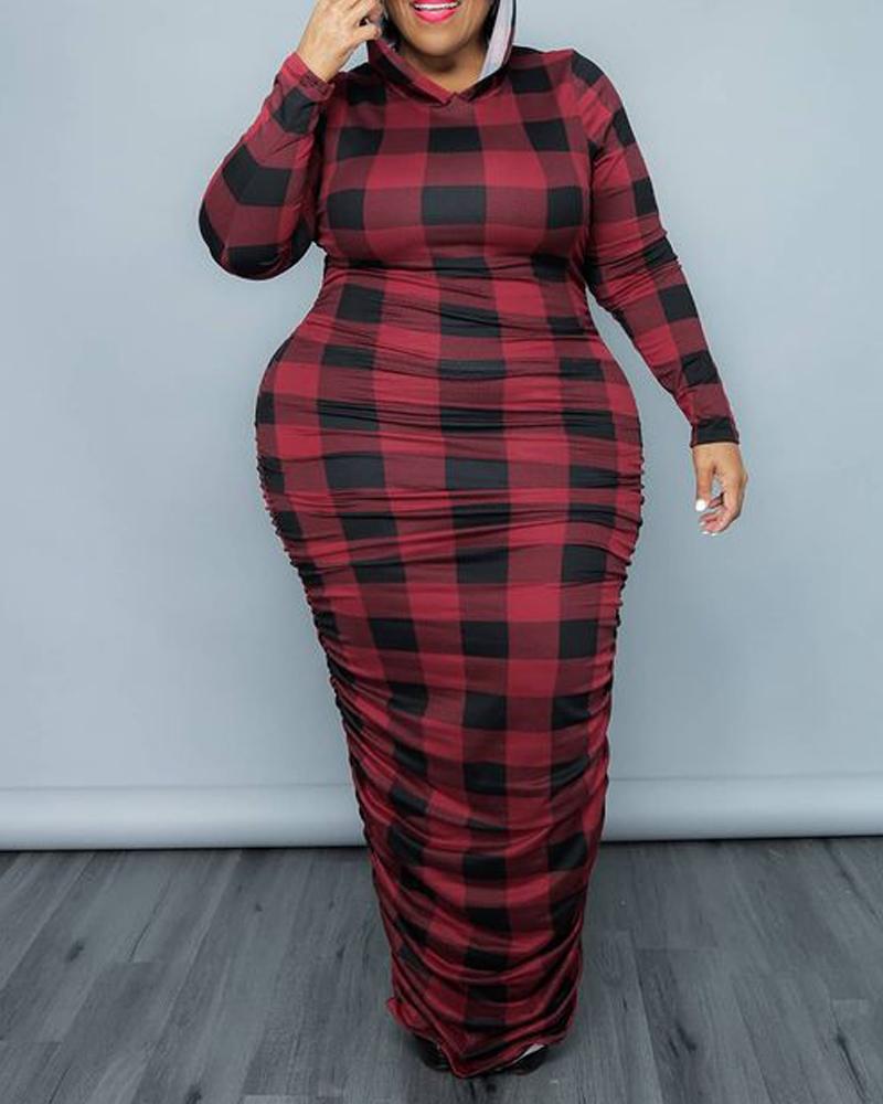 

Plus Size Plaid Print Long Sleeve Ruched Maxi Dress, Red