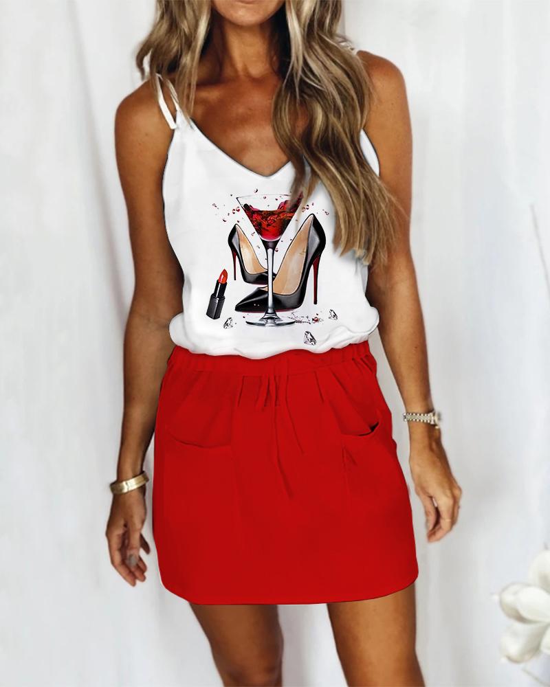 

Wine Glass Print Colorblock Casual Dress, Red