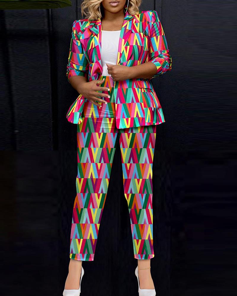 

Rainbow Stripe Geometric Print Blazer Coat & Pants Set, Multicolor