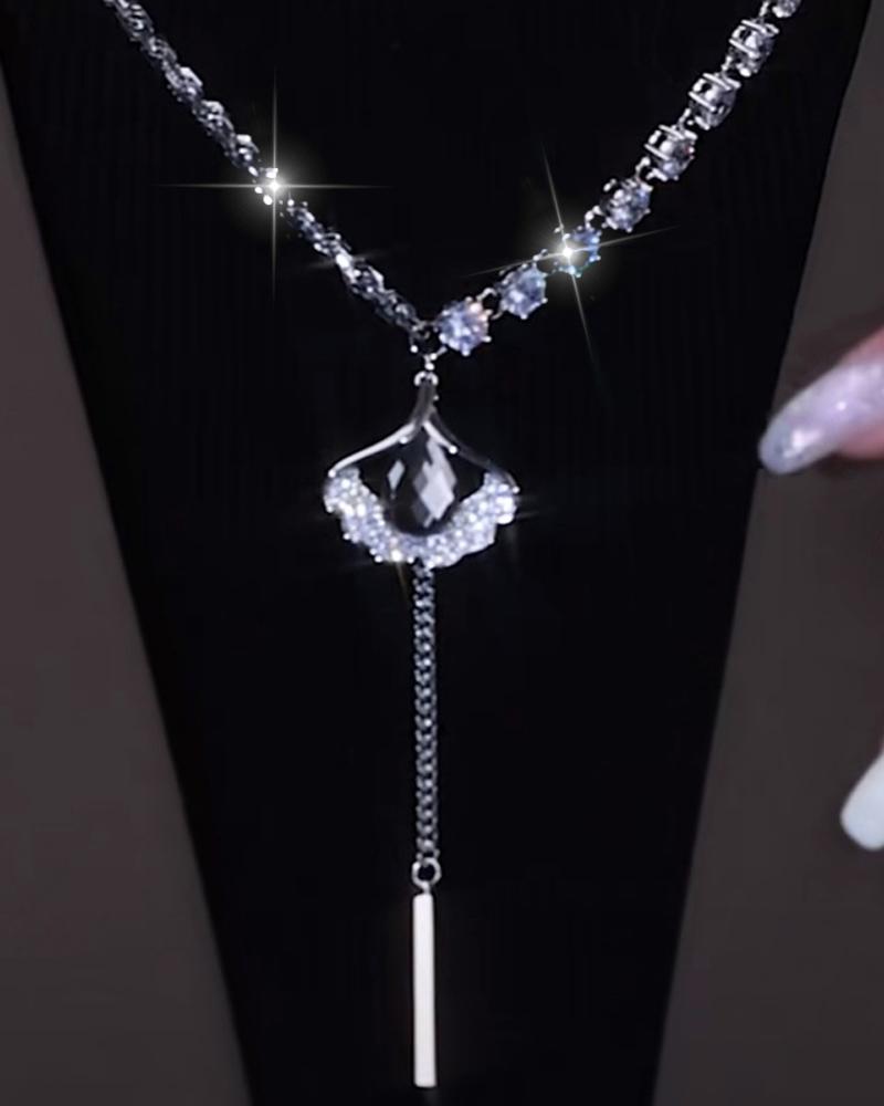 

1pc Rhinestone Ginkgo Biloba Pendant Necklace, Silver