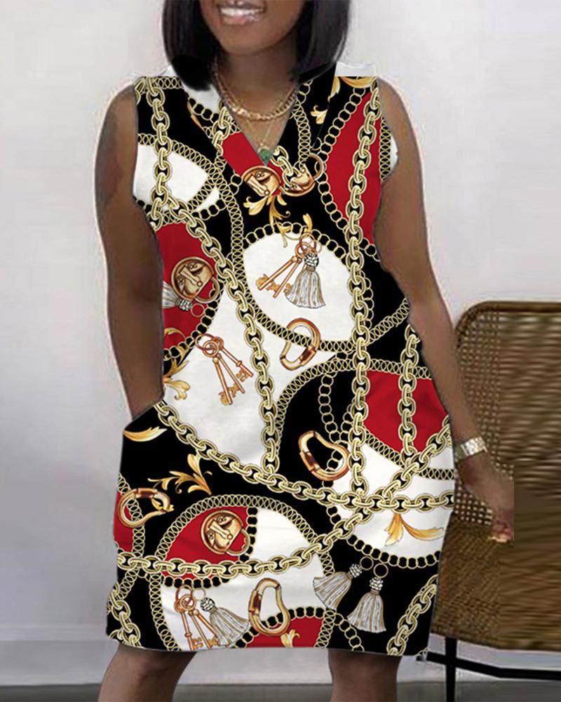 

Plus Size Scarf Chain Print Sleeveless Casual Dress, Black