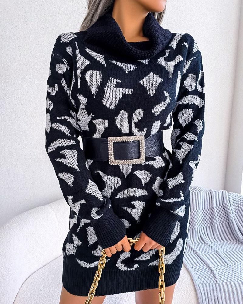 

Graphic Pattern Long Sleeve Turtleneck Sweater Dress, Black