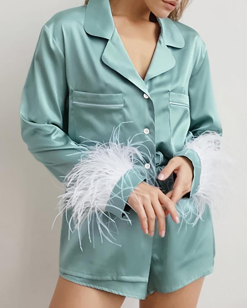 

Button Pocket Feather Decor Satin Pajamas Set, Green