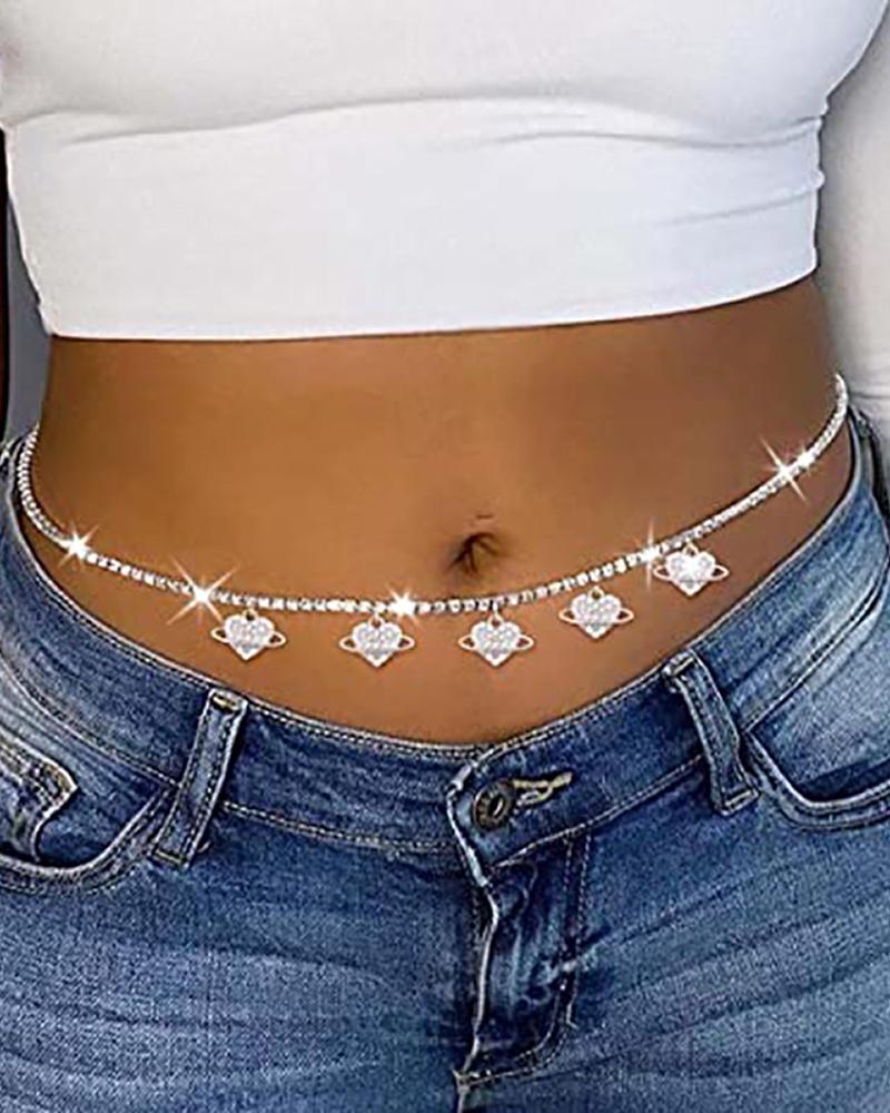 

Rhinestone Heart Pattern Waist Chain, Silver