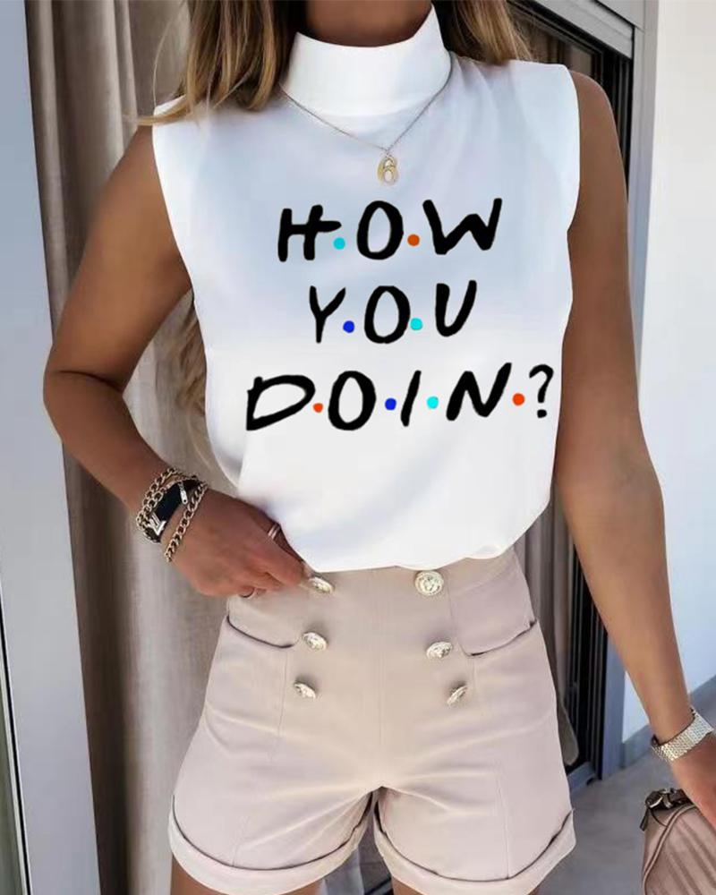 

Letter Print Sleeveless Loose Tanks, White