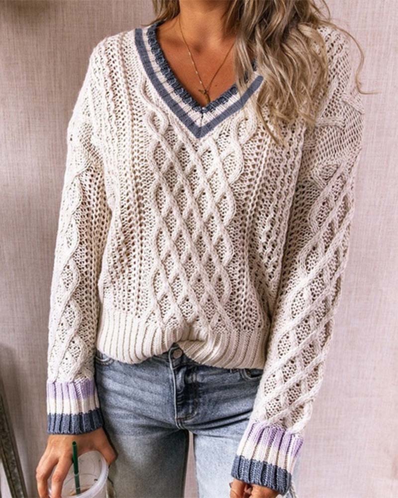 

Striped Trim V-Neck Cable Knit Sweater, Beige