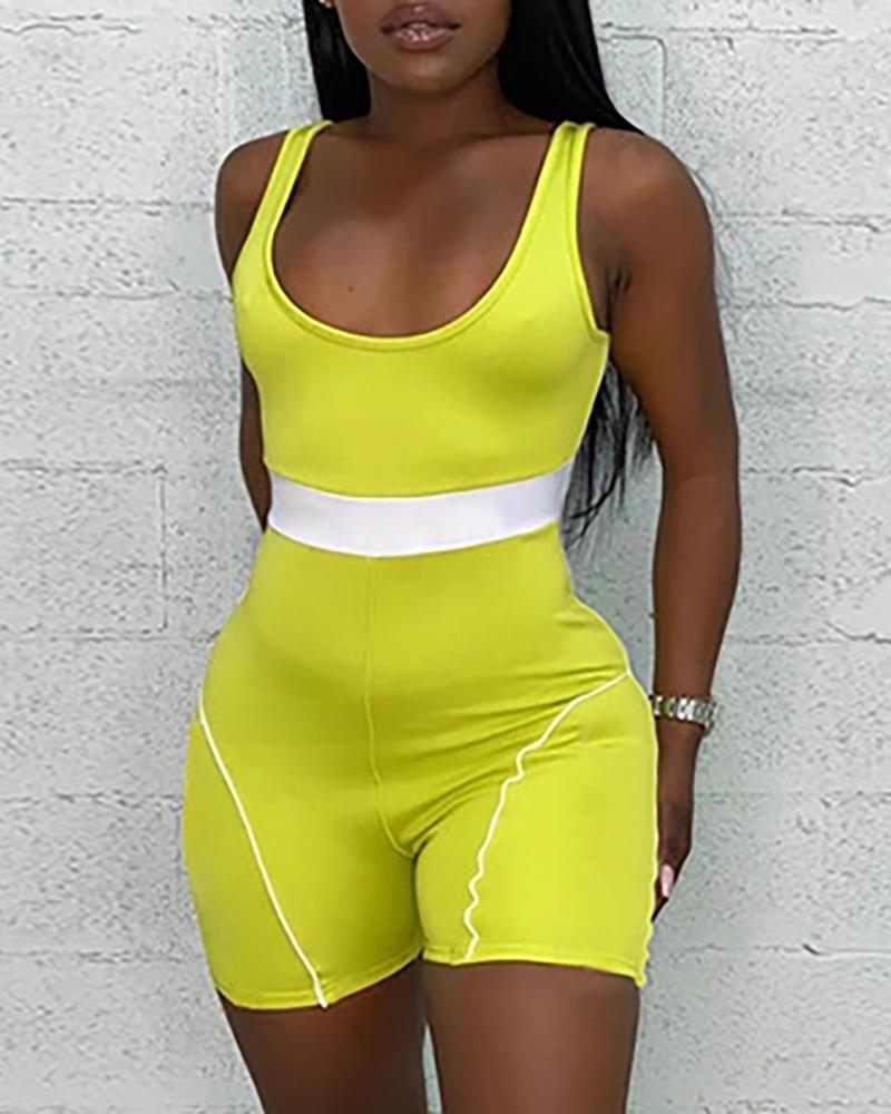 

Striped Colorblock Thick Strap Sporty Romper, Yellow