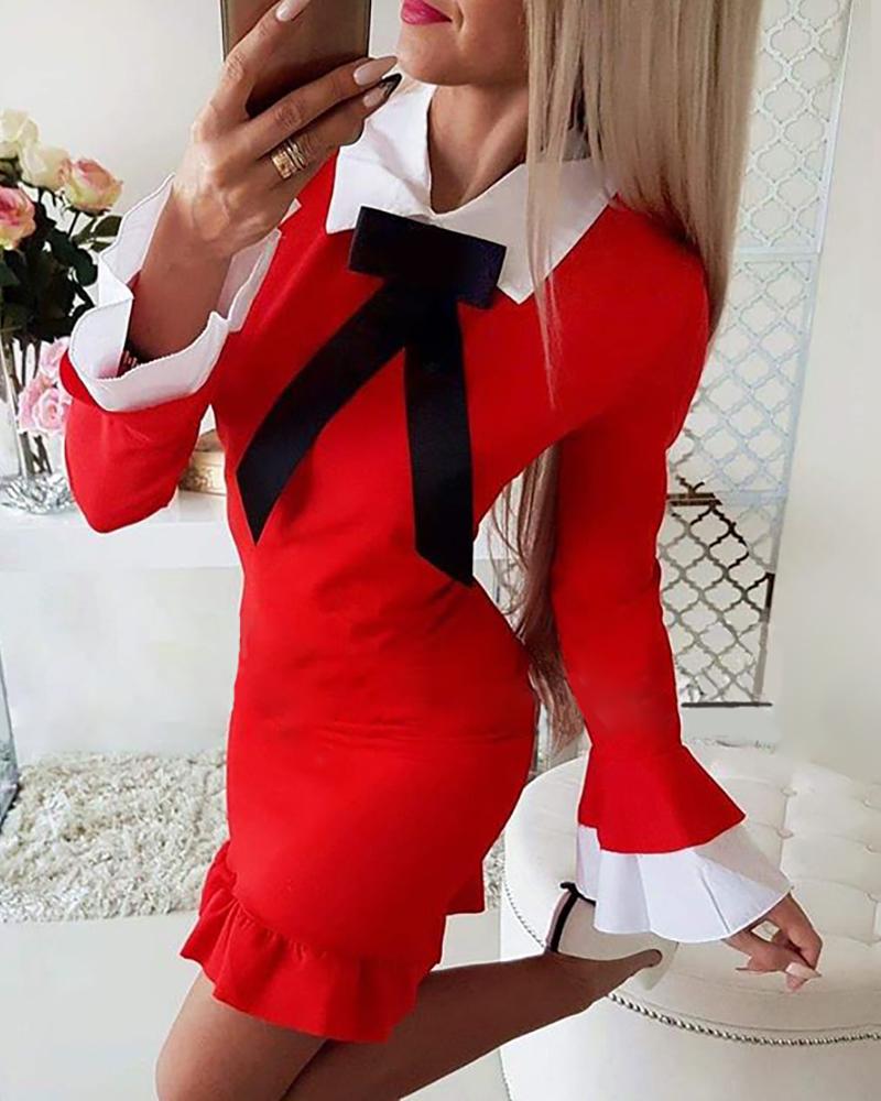 

Bowknot Flared Sleeve Ruffle Hem Dress, Red