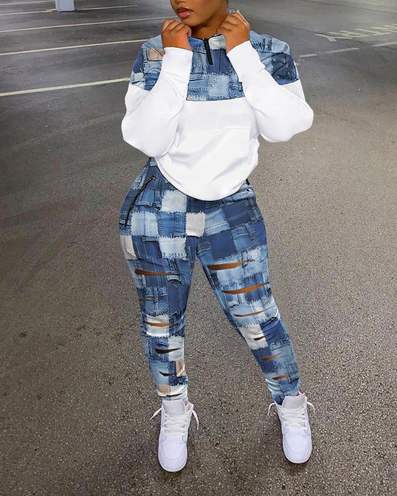 Denim Look Print Top & Ladder Cutout Pants Set