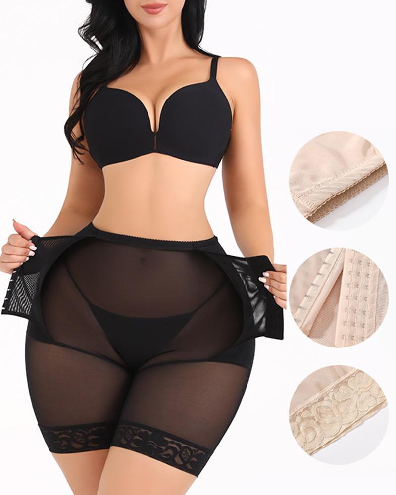

3 Hook Front Tummy Control Padded Butt Lifter Sheer Mesh Shapewear, Black