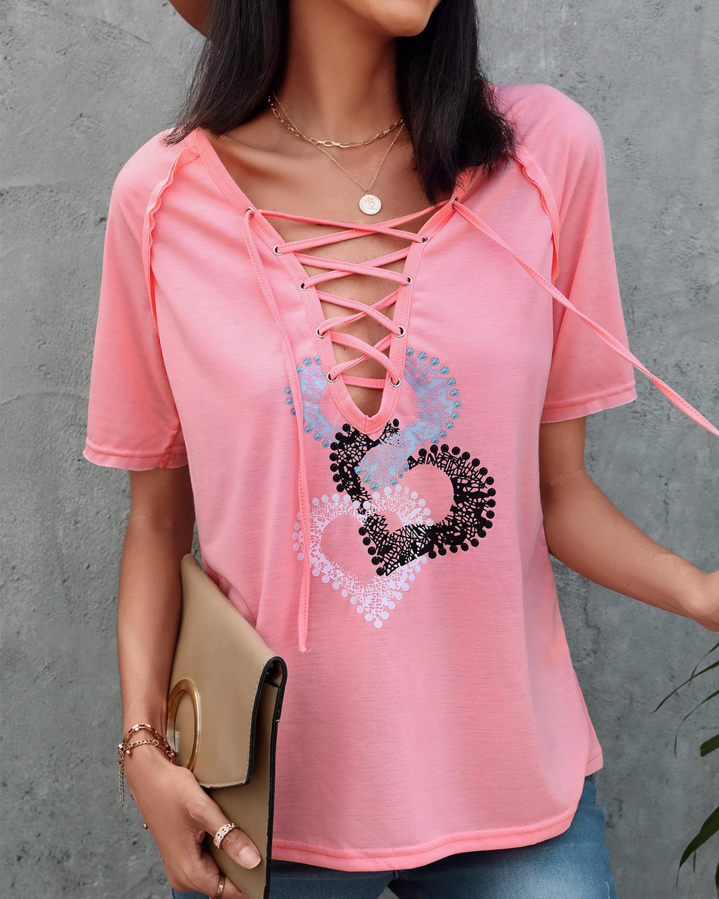 

Eyelet Lace-up Heart Print Short Sleeve T-shirt, Pink