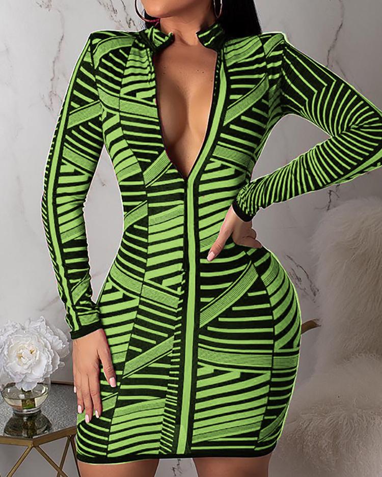 

Contrast Stripes Long Sleeve Zipper Bodycon Dress, Green