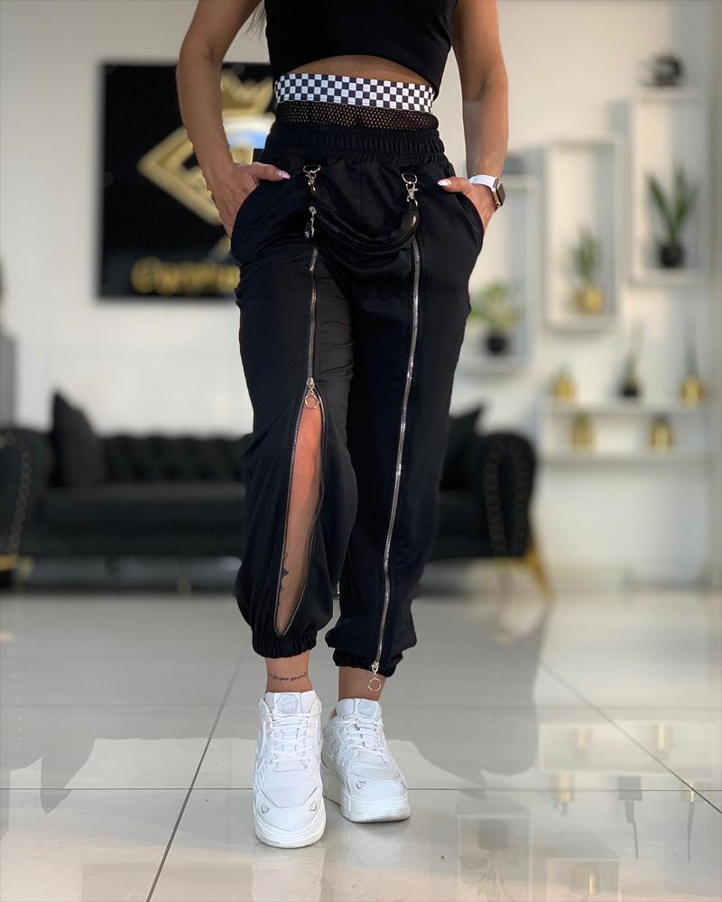 

Zipper Pocket Design Cuffed Pants, Black