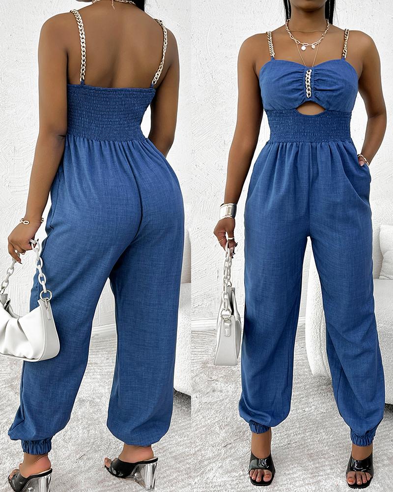 

Chain Strap Cutout Shirred Jumpsuit, Blue