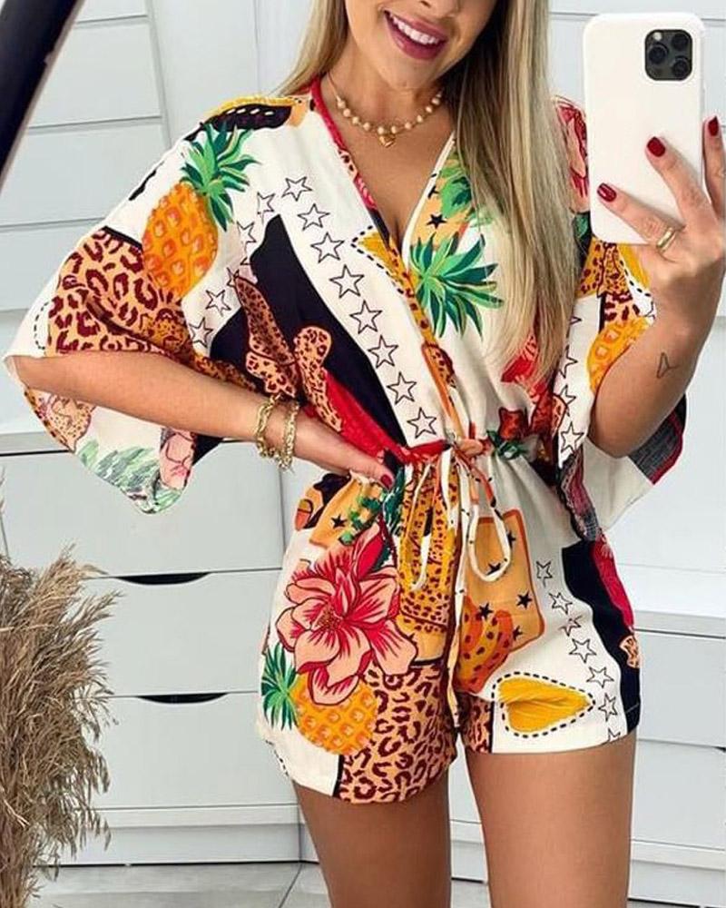 

Floral Star Print V-Neck Drawstring Romper, Multicolor