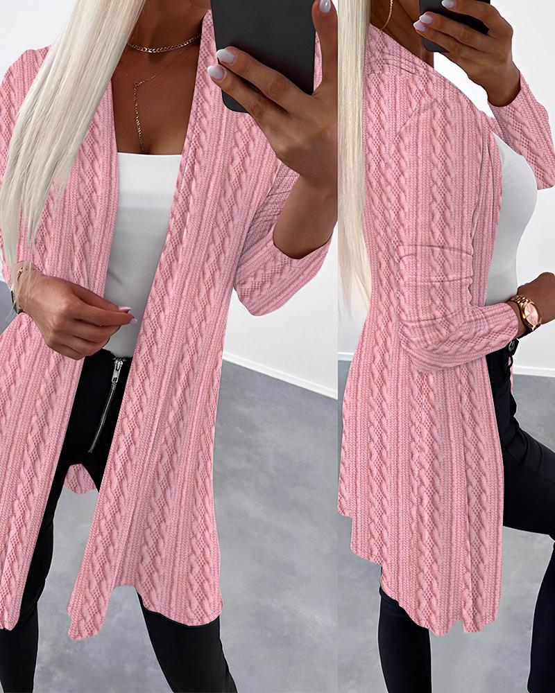 

Open Front Long Sleeve Braided Coat, Pink