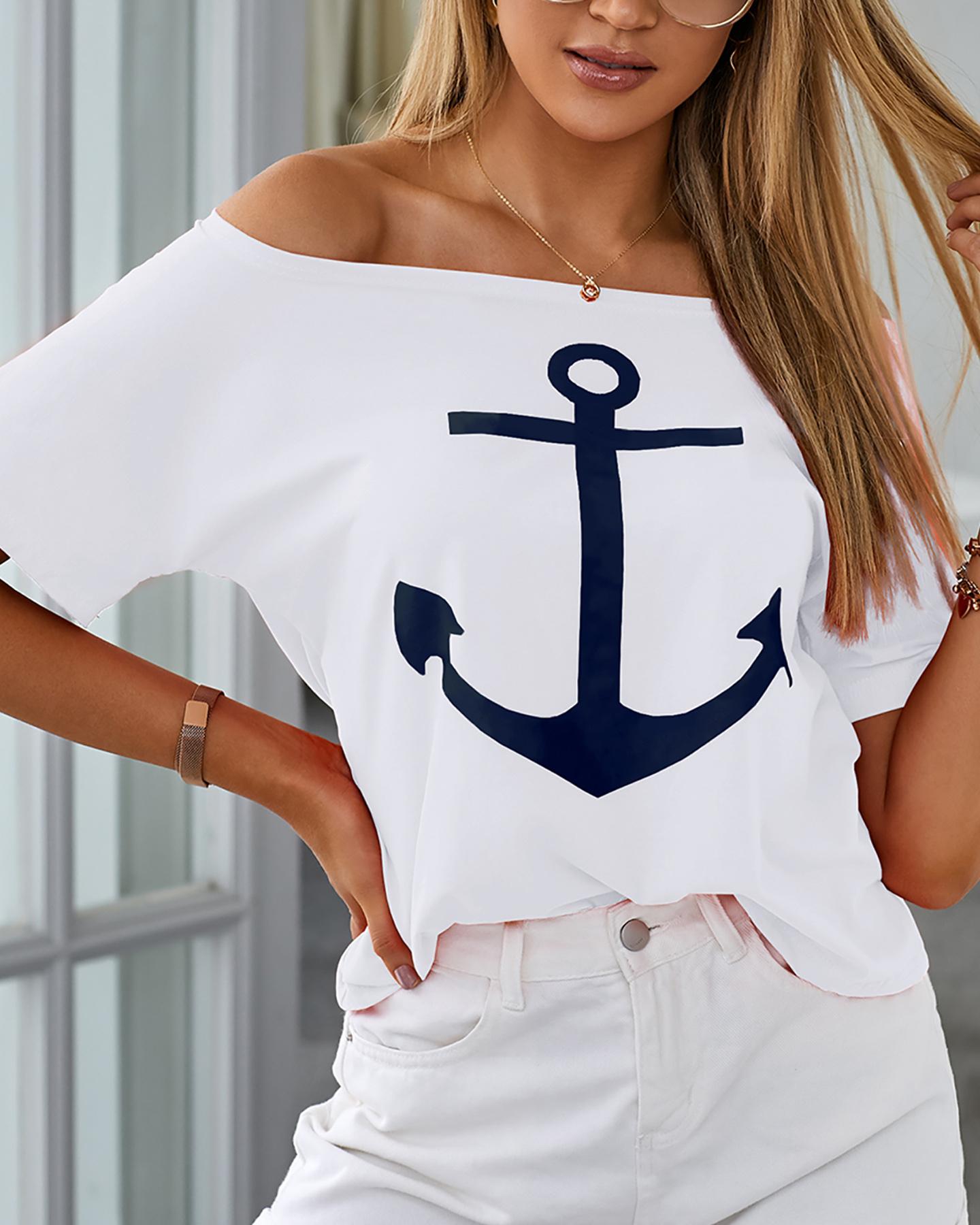 

Boat Anchor Print Short Sleeve Casual T-Shirt, White