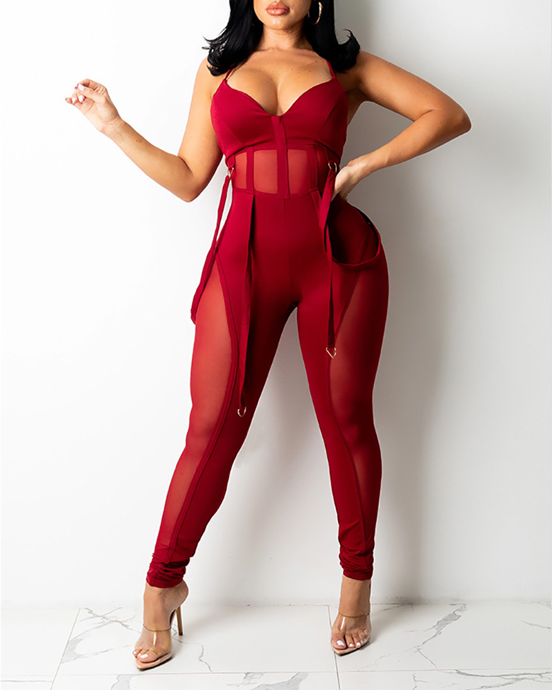 

Sleeveless Sheer Mesh Patch Band Decor Jumpsuit, Wine red