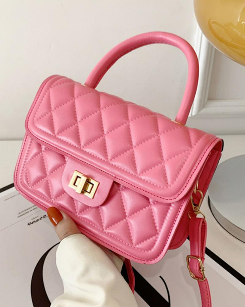 

Quilted Twist Lock Flap Shoulder Bag With Handle, Pink