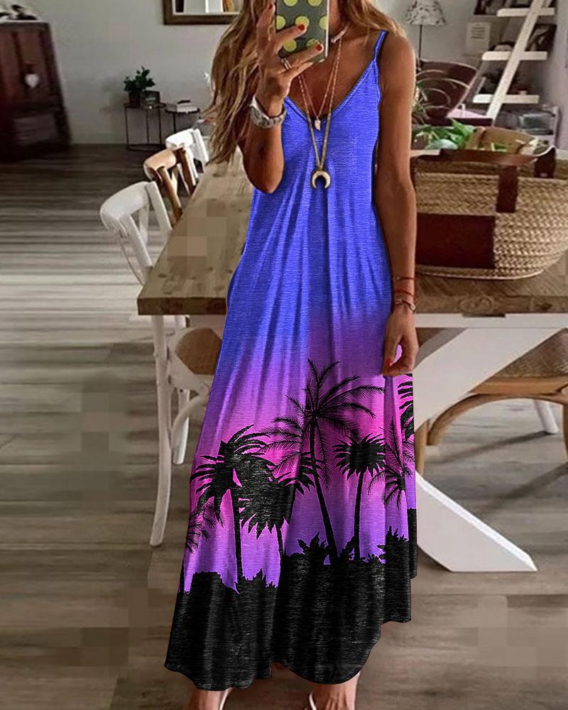 

Palm Tree Print Ombre V-Neck Maxi Dress, Purple