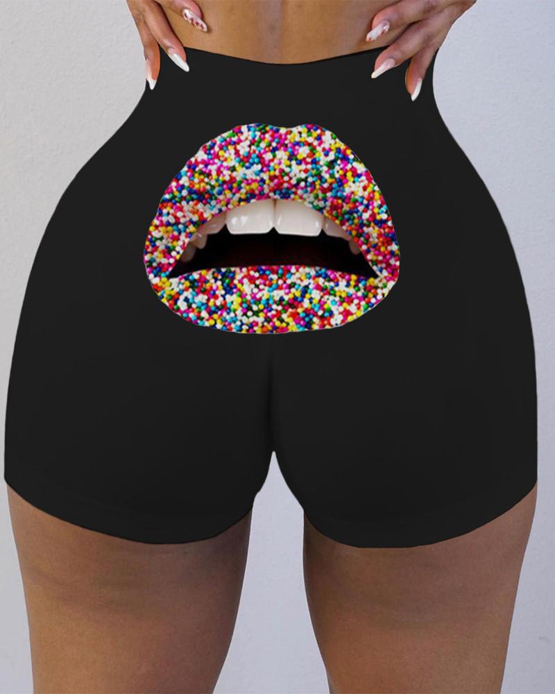 

Lip Print High Waist Casual Shorts, Black
