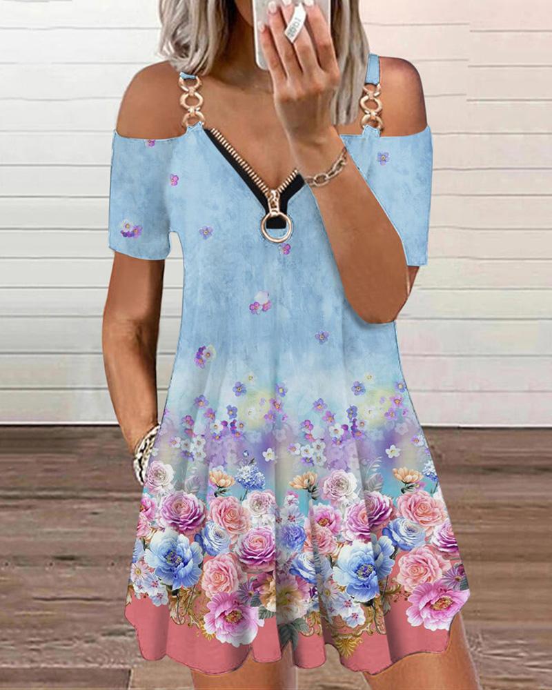 

Pocket Zipper Design Floral Print Cold Shoulder Dress, Blue