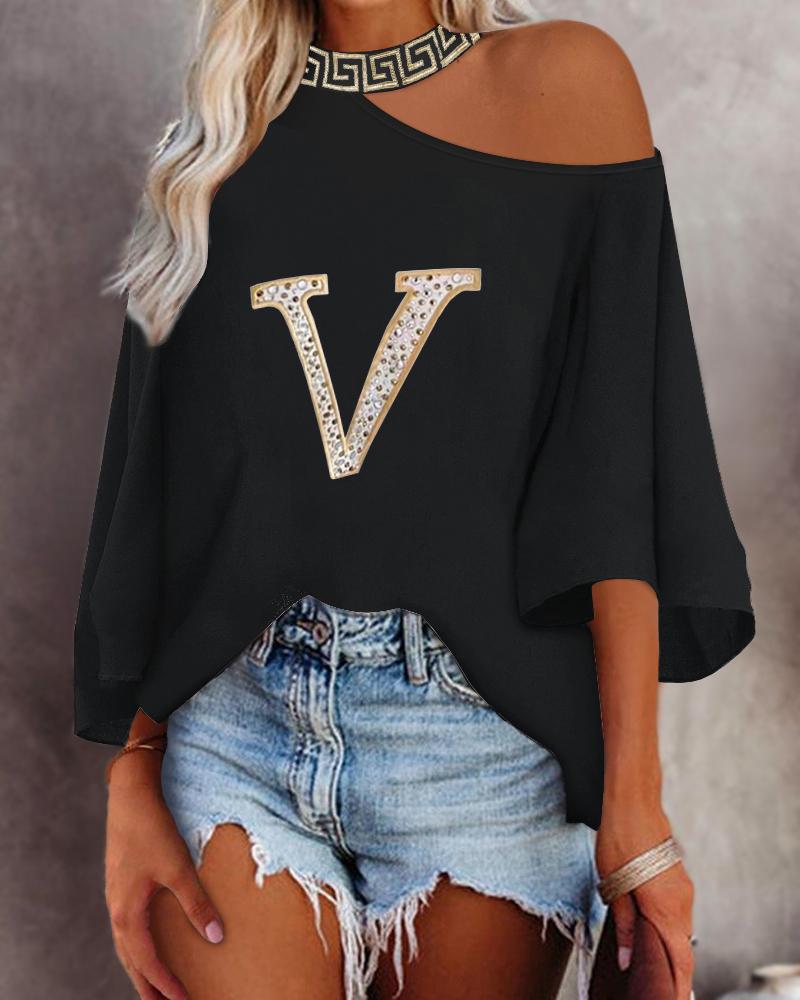 

Rhinestone Letter Embroidery Cold Shoulder Top, Black