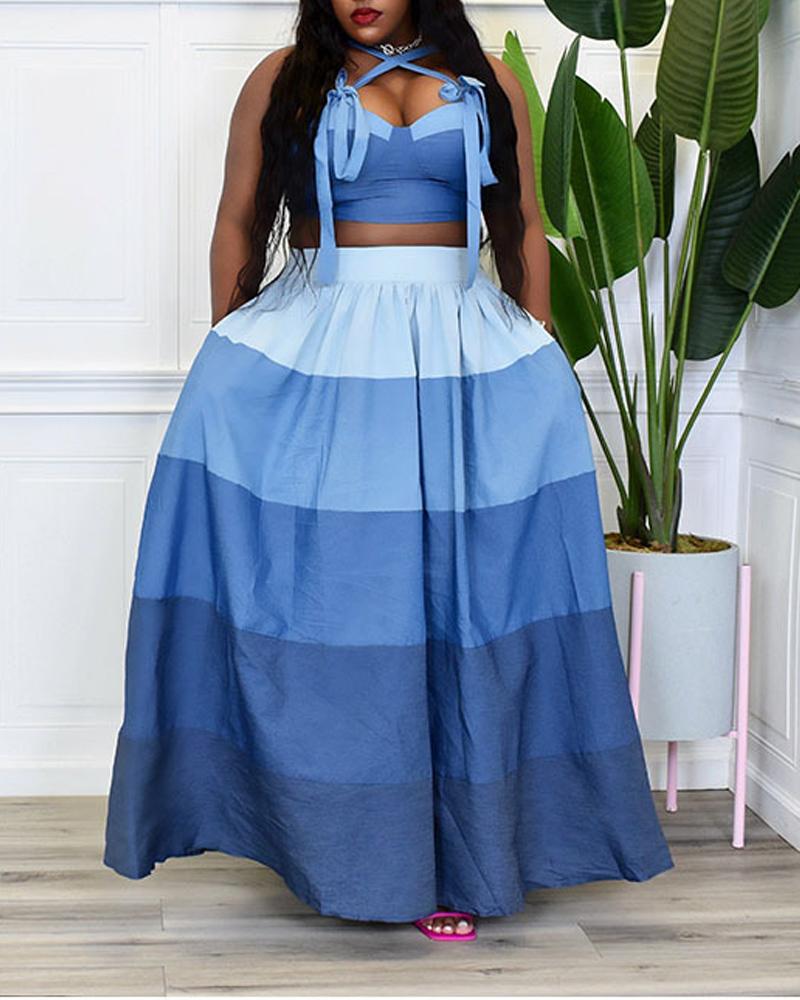 

Plus Size Colorblock Tied Detail Crop Top & Skirt Set, Blue