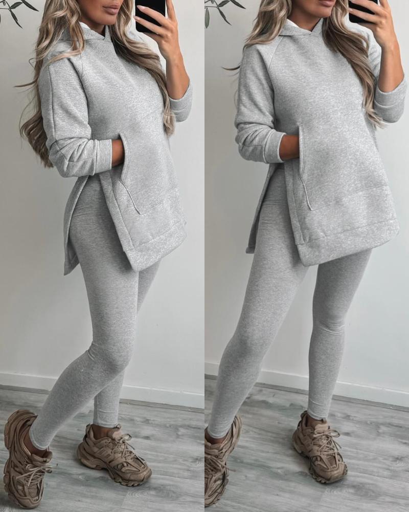 

Ensemble 2 pièces avec capuche et pantalon legging moulant à poche kangourou fendue sur le côté, Gray