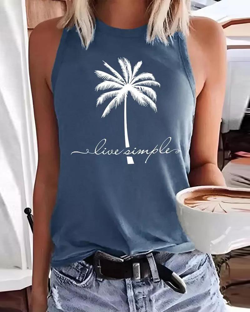 

Live Simple Coconut Tree Print Casual Tank Top, Blue