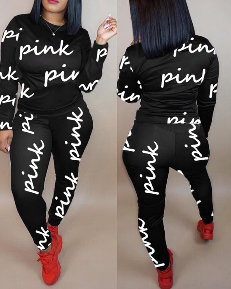 

Letter Print Long Sleeve Top & Pants Set, Black