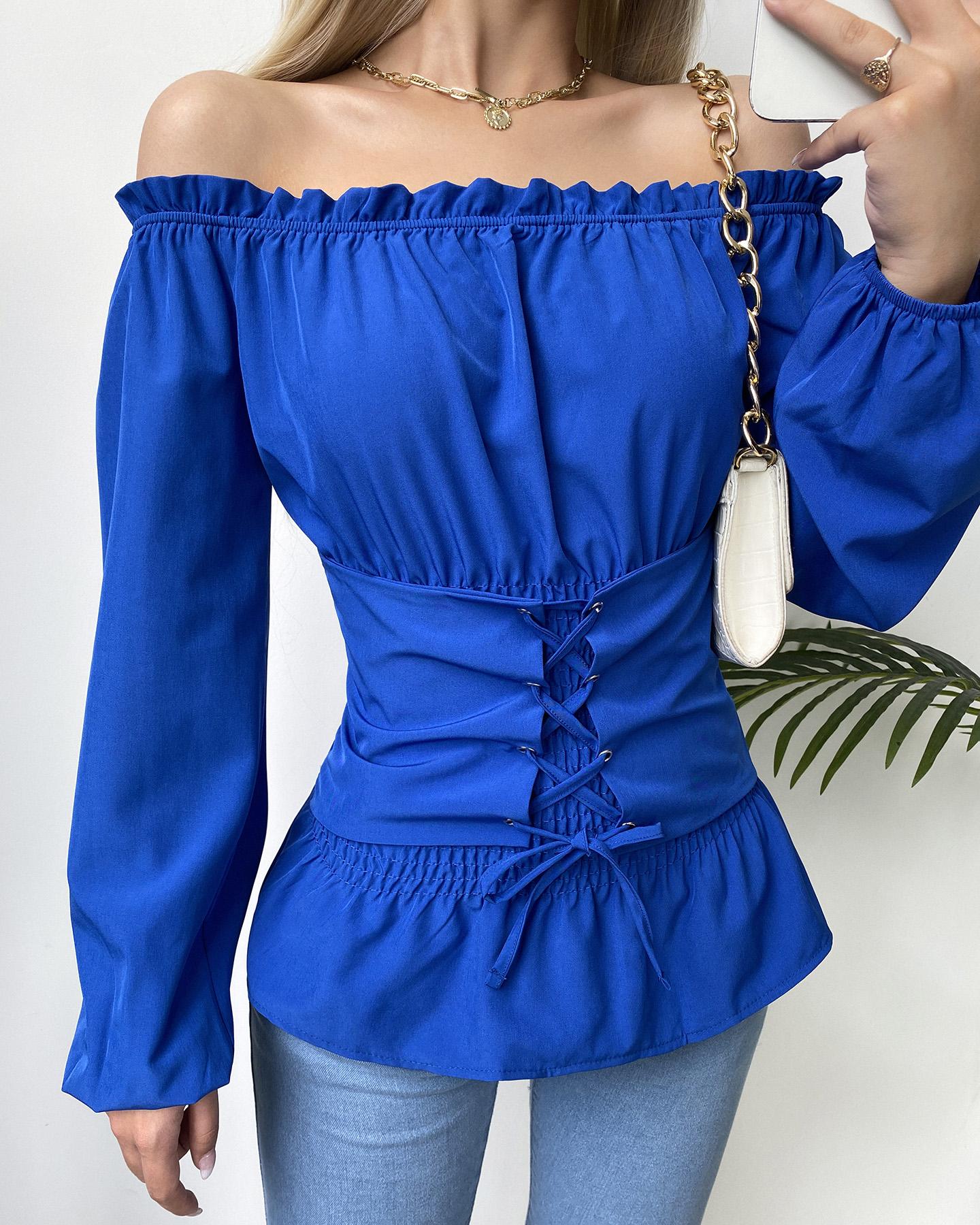 

Eyelet Lace-up Off Shoulder Frill Hem Top, Blue