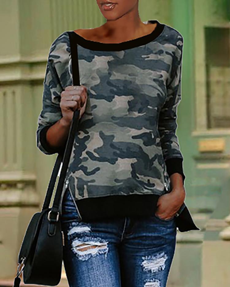 Camouflage Print Binding Long Sleeve Sweatshirts