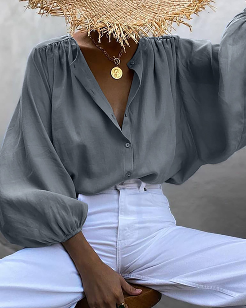 

Ruched Lantern Sleeve Button Design Casual Top, Gray