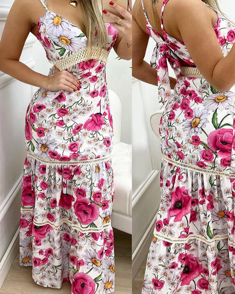 

Spaghetti Strap Floral Print Lace Patch Maxi Dress, Hot pink