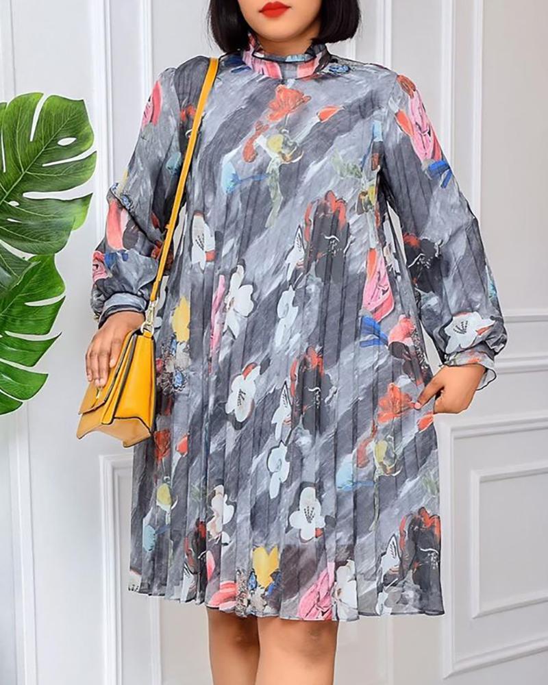 

All Over Print Long Sleeve Dress, Gray