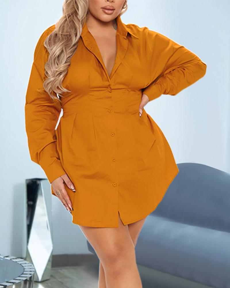 

Plus Size Long Sleeve Button Down Shirt Dress, Yellow