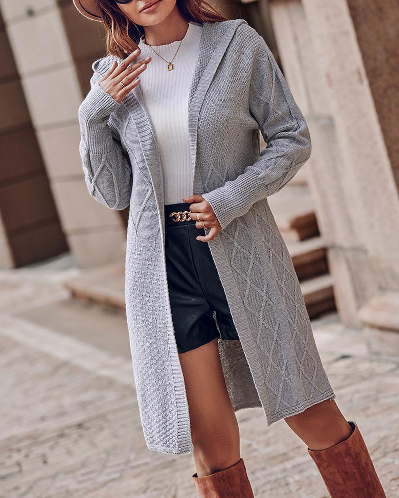 

Cable Knit Hooded Longline Cardigan, Gray