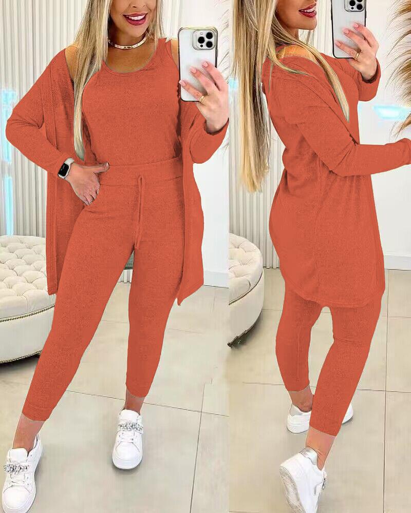 

Round Neck Tank Top & Drawstring Pants Set With Coat, Brown