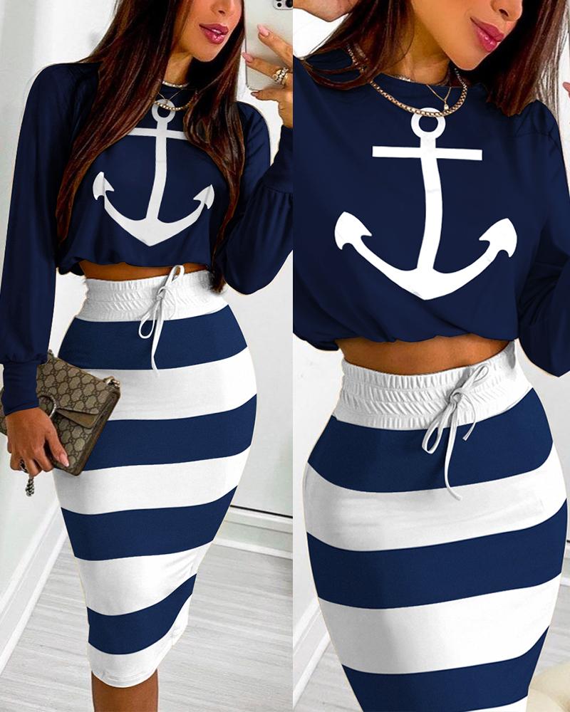 

Two Piece Sets Casual Boat Anchor Print Colorblock Top & Striped Print Drawstring Shirred Skirt Set, Purplish blue